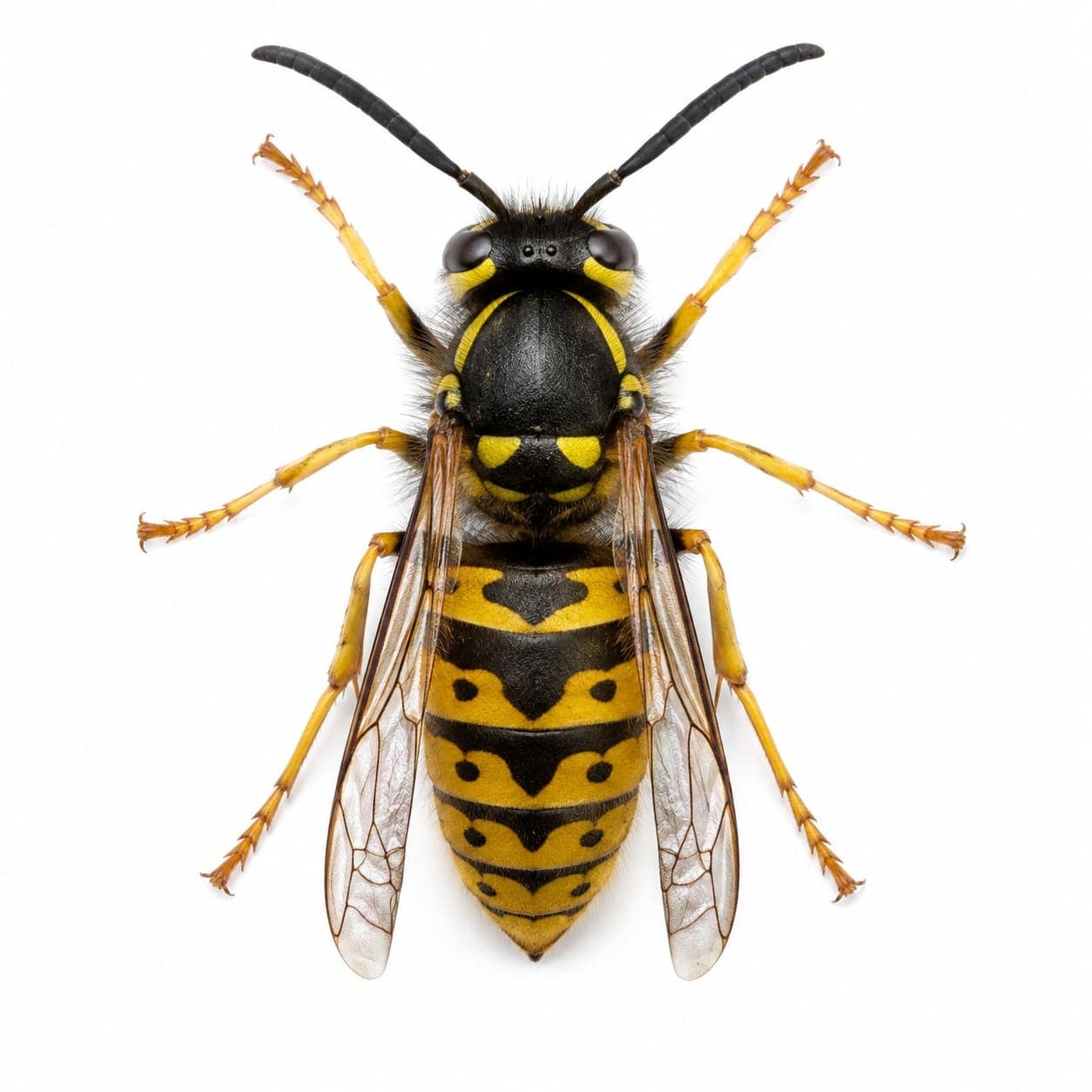 Wespe (Vespula vulgaris) in Nahaufnahme, Bestimmungsbild aus dem Schädlingslexikon